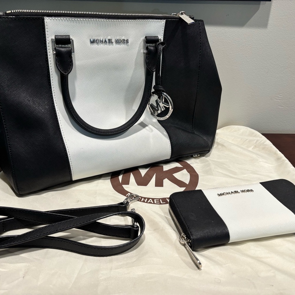 Michael Kors Two-Tone Black and White Satchel & Wallet Set